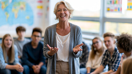 Obraz premium In a brightly lit modern language classroom, a female teacher in her 50s with short blonde hair stands at the front smiling warmly while leading a speaking activity, wearing a smar