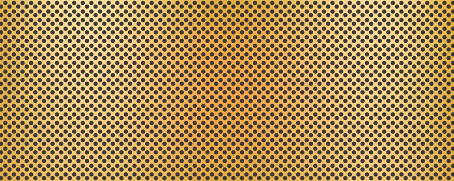 Perforated golden metal sheet seamless pattern with dark round dots. Steel grill surface texture with circular holes