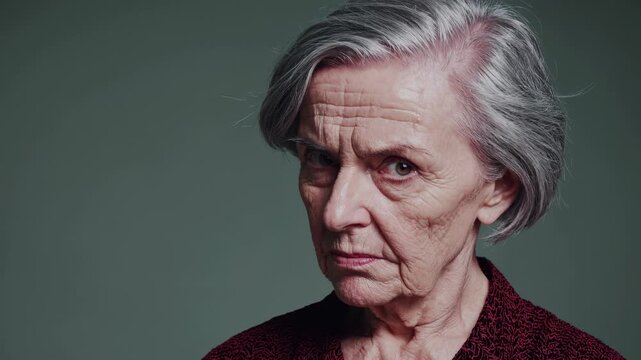 Elderly woman with serious expression in studio. She looks directly at camera with piercing gaze. Emotions reflect wisdom and life experience. Portrait captures depth and character.