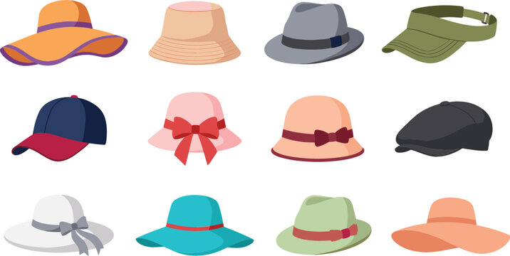 Collection of casual fashion hats vector illustration including sunhats, bucket hats, panama hats, baseball caps, and visors for summer holiday apparel catalogs.
