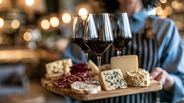 Hyper realistic stock photo, faceless waitress positioned strictly on the left side of the frame, holding a wooden board with artisan wine glasses and cheese pairings in a cozy rus