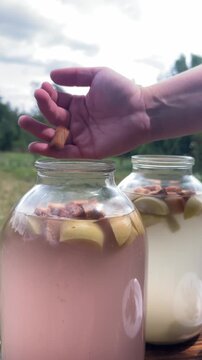 jars of freshly made homemade kvass . High quality 4k footage