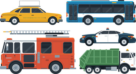 City Municipal and Emergency Service Vehicle Vector Set Featuring Taxi Bus Fire Engine Police Car and Garbage Truck for Urban Transport Designs © Mst