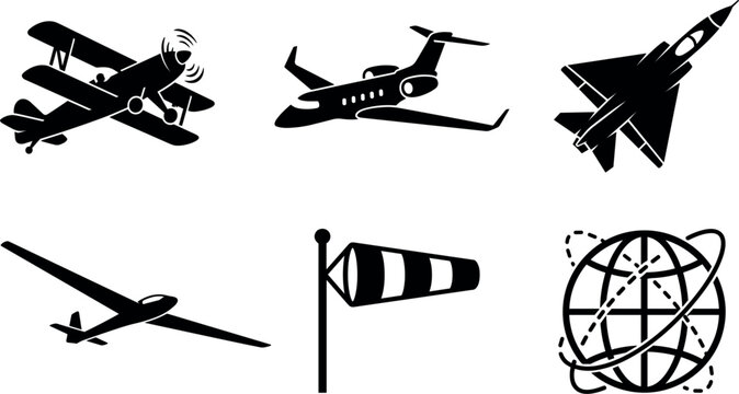Aviation and Aircraft Silhouette Icon Set Featuring Retro Biplane Private Jet Fighter Military Plane Glider Windsock and Global Flight Route Symbols