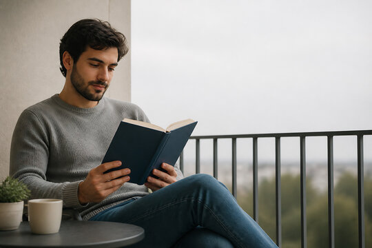 A young man is sitting outdoors, reading a book while overlooking a cityscape through a railing.