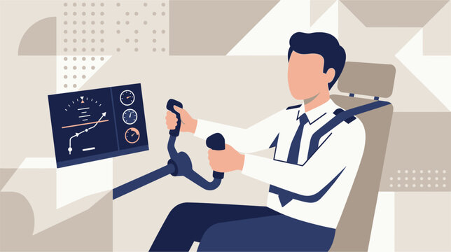 Professional vector illustration of an aviation navigation simulation interface featuring flight paths, radar tracking data, digital cockpit instruments, and global positioning coordinates.