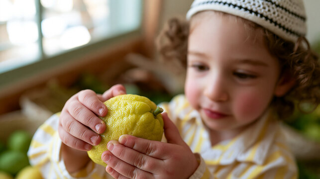 Photorealistic commercial stock photo, close-up of young child's hands holding a small etrog and examining it curiously, soft natural window light, blurred sukkah interior in backg