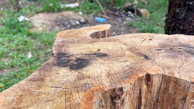 Close up view of a weathered tree stump in a natural park