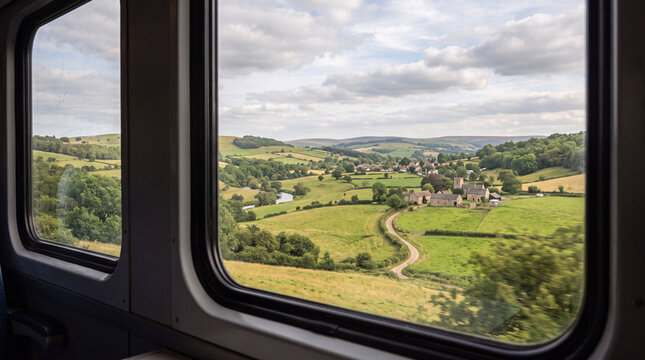 Train Window View Overlooking Green English Countryside Village
