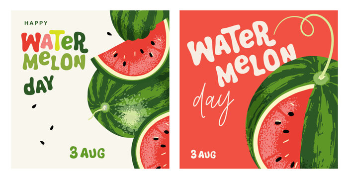 watermelon day set  of square posters, banners, greeting cards, hand drawn, doodle, creative vector illustration