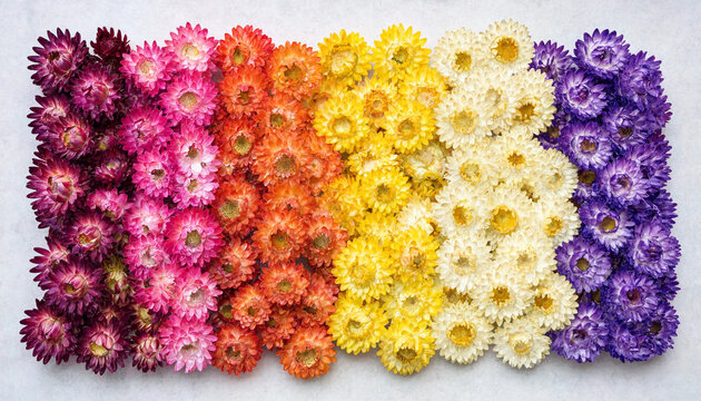 A vibrant gradient arrangement of dried strawflowers in shades of purple, white, yellow, orange, and pink, laid out in neat rows on a surface