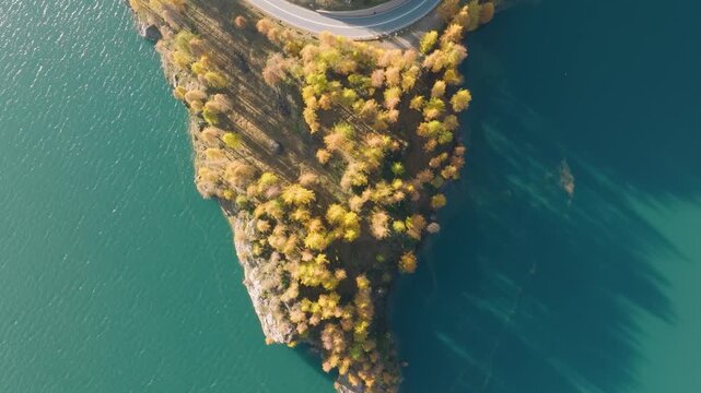 Aerial drone view of an asphalt road with cars driving near a lake surrounded by autumn forest. Scenic fall landscape for travel background and transportation. 