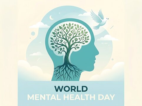 Creative illustration of a human head with tree brain for world mental health day concept