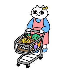 Cute merchant cat pushing a shopping trolley with fresh fish and vegetables