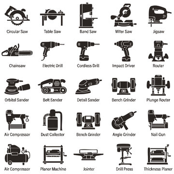 Industrial Woodworking Machinery Glyph Icon Collection With Saws Sanders Routers And Workshop Equipment
