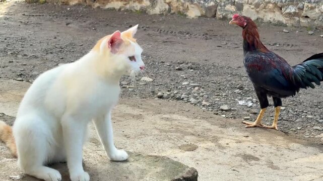 White and Ginger Cat Scratching Itself Near a Rooster in Farmyard