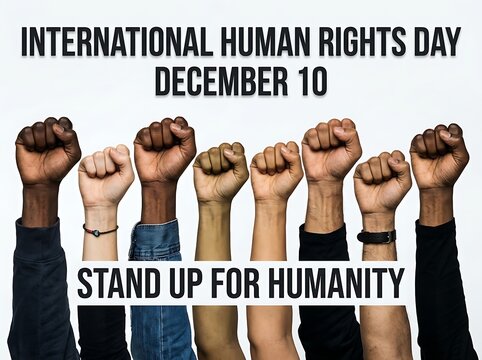 Diverse group of clenched fists raised together for human rights awareness campaign poster