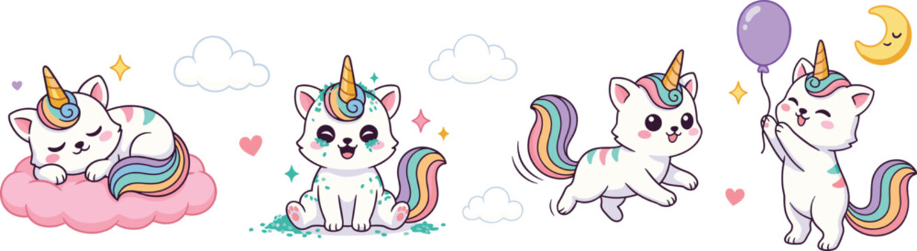 Cute Caticorn Vector Character Set with Adorable Kitten Unicorns Sleeping on Cloud, Playing, Holding Balloon, and Sparkly Magical Elements