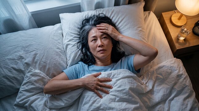 menopause night sweats insomnia woman bed hot flash sleepless discomfort Asian woman lies awake touching her forehead and chest in a dark bedroom conveying overheating and disrupted rest