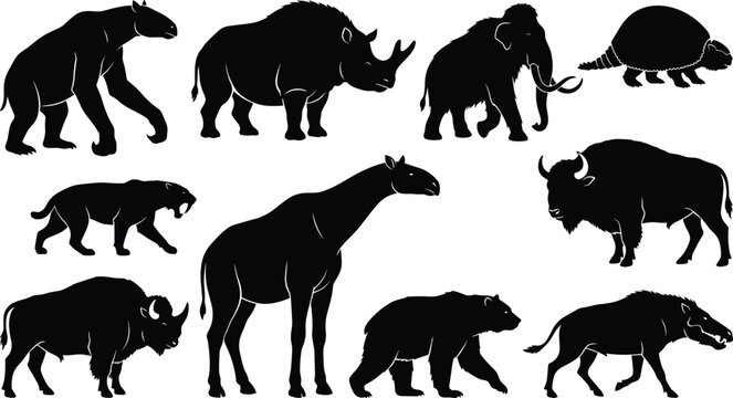Prehistoric Ice Age Animals Silhouette Set with Mammoth Bison and Saber Tooth Tiger