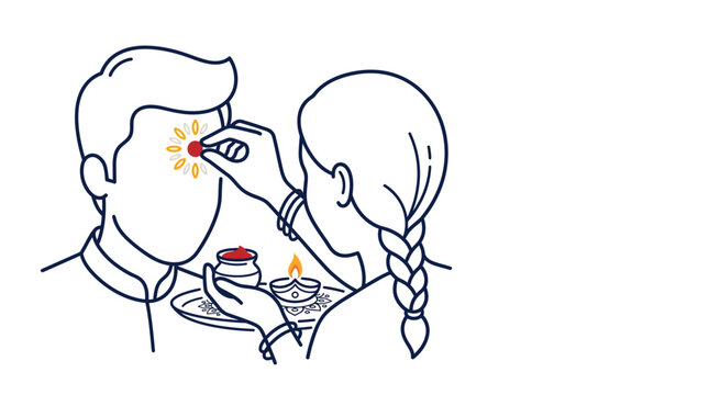 A sister applying a traditional tilak on her brothers forehead during a festive ceremony.