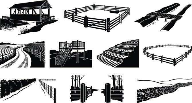 Rural Landscape Silhouette Set with Covered Bridge Farm Fence and Country Path