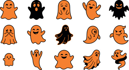 Obraz premium Set of cute hand drawn orange and black ghost characters for halloween decorations and festive party design elements