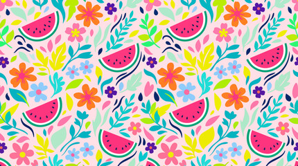Fototapeta premium Seamless summer pattern with watermelon slices and colorful floral leaves on bright pastel background