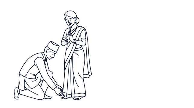 A line art illustration of a man touching the feet of a woman as a sign of respect.