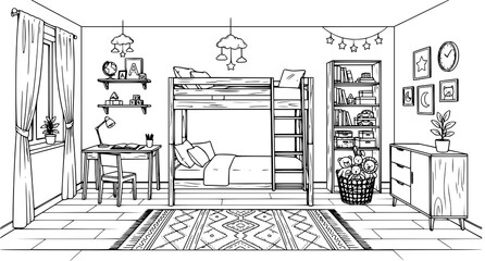 Fototapeta premium Black White Bunk Bed Kids Room Interior Sketch Vector Illustration