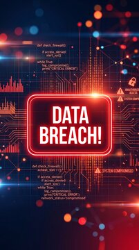 A digital illustration of Red glowing data breach alert box with circuit lines representing cybersecurity failure