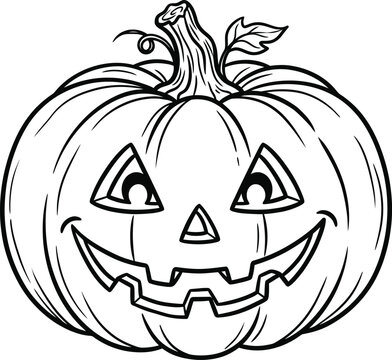 A detailed black and white line art illustration of a smiling halloween pumpkin jack o lantern perfect for children coloring book pages