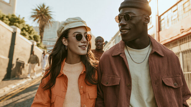 Documentary style photography capturing authentic fashion and casual streetwear in an urban lifestyle setting. A young multicultural couple walking through a sunlit city street, ex