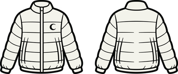 Front and back view of a technical fashion sketch of a puffer jacket with a small logo © Sultana