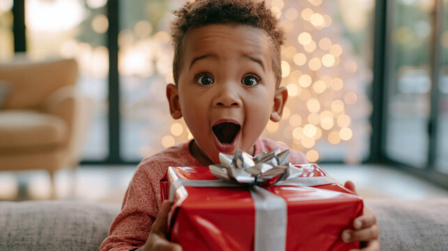 A wide-eyed young boy with an open mouth looks amazed while holding a massive, shiny red gift wrapped with a silver bow. He sits in a bright living room bathed in soft natural ligh