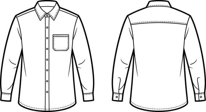 Technical fashion sketch of a mens long sleeve button down shirt with a front chest pocket