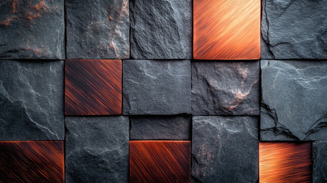 Premium luxury commercial display background featuring dark charcoal gray slate stone with rich texture and brushed copper metallic panels, moody high-end minimalist podium and top-down flat lay backg