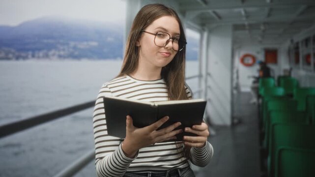 Young woman holds book with both hands on ferry deck inside a building corridor, wearing glasses and striped shirt; contemplation.