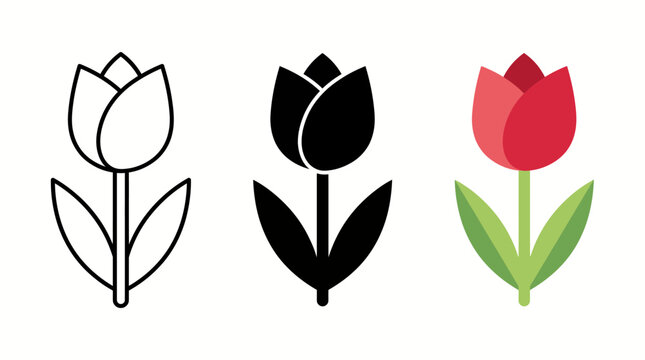 Set of simple tulip icons in outline solid and colorful styles for spring floral design