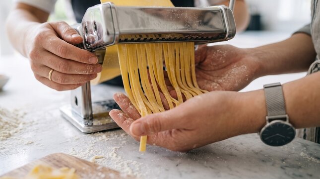 Commercial culinary photography of a professional chef and a woman preparing fresh handmade pasta with a traditional pasta machine &ndash; cooking masterclass advertisement, artisanal Italian restaurant mar