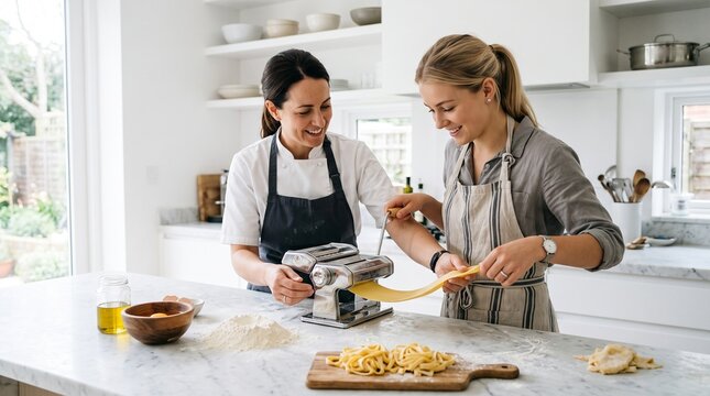 Commercial culinary photography of a professional chef and a woman preparing fresh handmade pasta with a traditional pasta machine &ndash; cooking masterclass advertisement, artisanal Italian restaurant mar