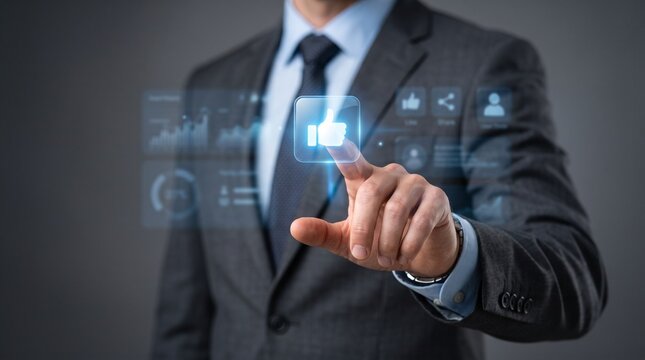 Social media marketing analytics dashboard, businessman touching like icon on virtual screen, digital business growth and data visualization