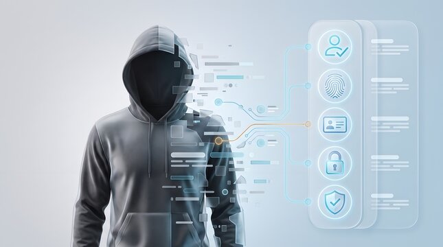 Anonymous hacker in grey hoodie with digital data streams and security icons