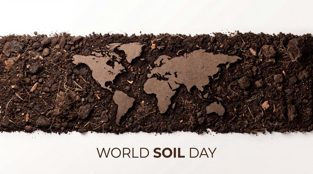 Top view of a horizontal strip of dark earth soil with a world map cutout shape, isolated on a white background with the text "World Soil Day". Represents global environmental protection