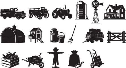 Premium Farm and Agriculture Silhouette Vector Bundle Featuring Rural Equipment Buildings and Farming Tools © Milon