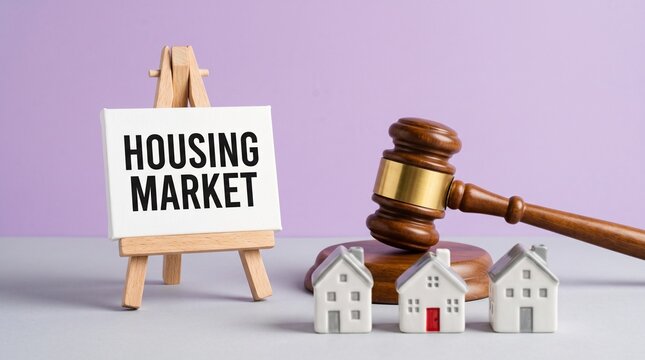 Housing market concept with judge gavel and wooden easel, real estate auction and legal property sales, miniature houses on purple background