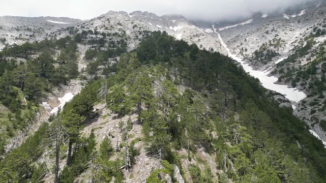 Drone Ascending Above Snowy Ridge Toward Mount Olympus Peaks, Greece