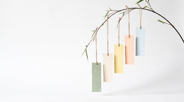 Minimalist Tanabata bamboo branch with colorful paper wish tags, Japanese festival tanzaku hanging on green plant, zen aesthetic background for greeting cards