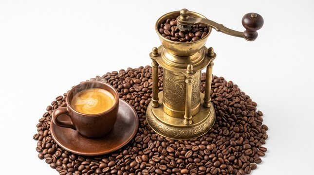 Vintage brass coffee grinder with roasted beans and espresso cup, antique manual mill on white background, traditional caffeine brewing concept