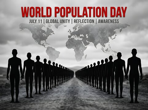 World population day concept with silhouettes of people and world map background highlighting unity awareness